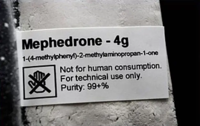 Label for a 4 g quantity of Mephedrone: reads 'Mephedrone - 4g' with chemical name, warning icon, and text 'Not for human consumption. For technical use only. Purity: 99+%'